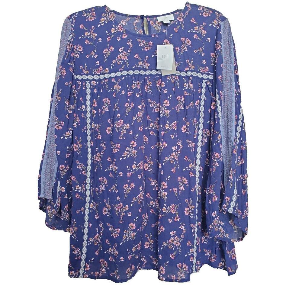 J Jill Rayon Blue Floral Keyhole Back Peasant Blouse Size Large NWT Cottagecore
